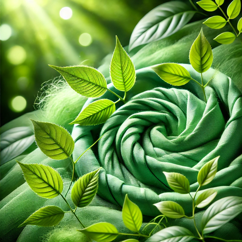 DALL·E 2024-10-21 16.37.47 - A green-themed image featuring vibrant green leaves and soft fabric intertwined together, symbolizing eco-friendliness and sustainability. The leaves